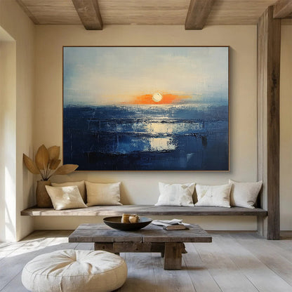 “Sunset Over the Sea” - Blue, Orange, White, Abstract Seascape Painting On Canvas HB1010