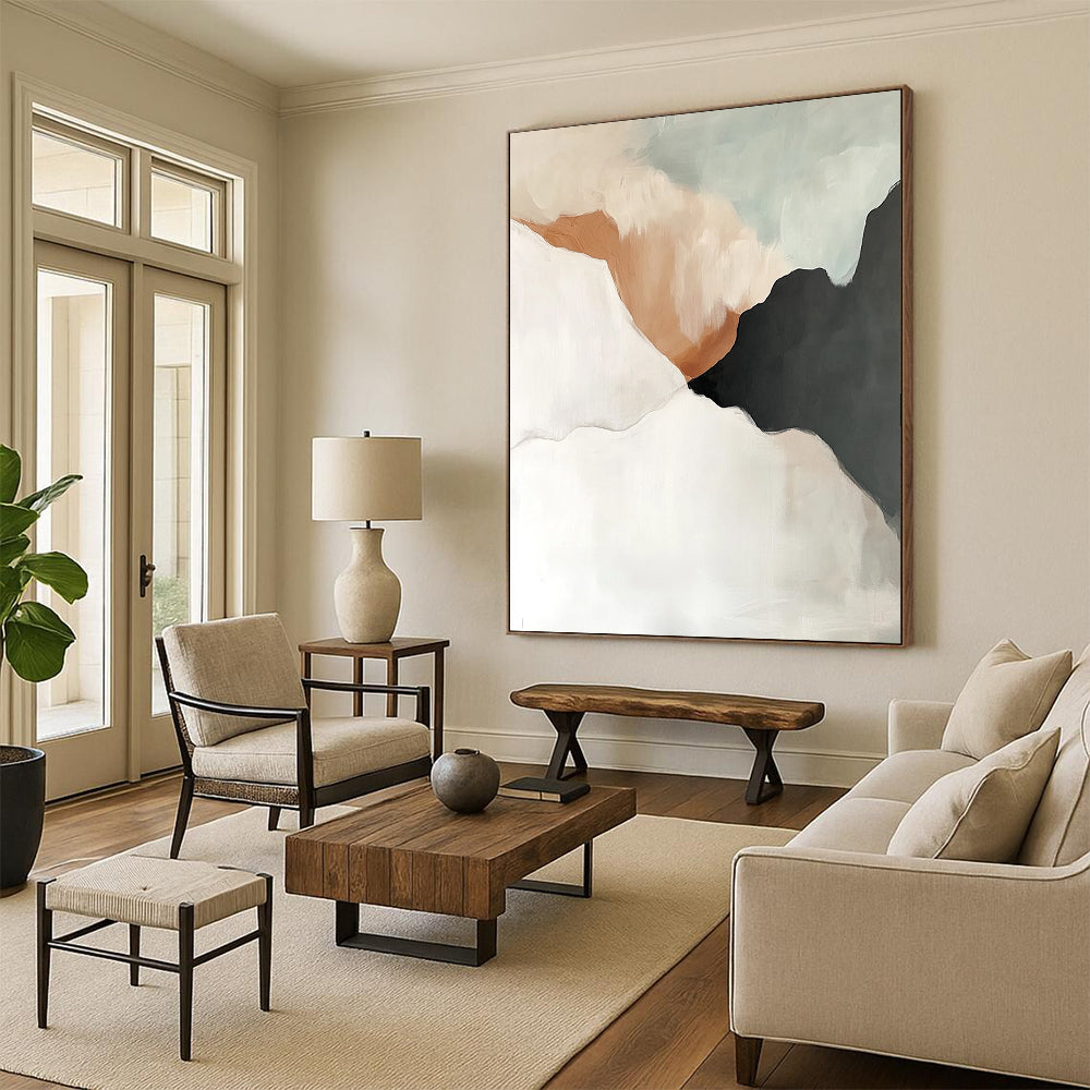 Contemporary hand-painted abstract artwork in white, grey, and beige tones with black accents, featuring fluid shapes and soft edges in light grey and amber hues. DLZ0781