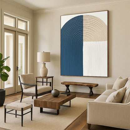 Contemporary hand-painted abstract art features thick lines and curves in blue gray and beige on a white background with a semi-circular arc shape. DLZ1376