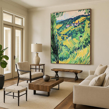 Contemporary hand-painted abstract artwork capturing a vibrant Valençay valley in green and yellow hues, showcasing a vintage style elegance. DLZ1692