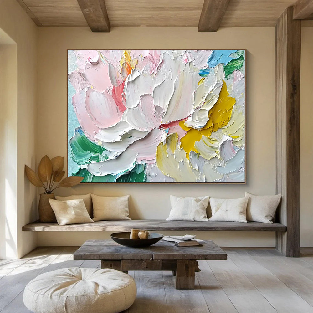 “Textured Pastel Peony” - Pastel Palette, Textured Peony Flower Painting On Canvas HB0876