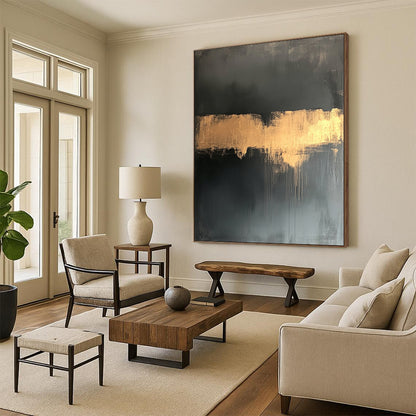 Black, Gold, Gray, Dripping Gold "Gilded Drip" Abstract Expressionist Painting On Canvas HB116