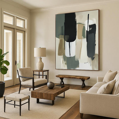 Contemporary hand-painted abstract artwork featuring thick brush strokes in sage green and white with neutral tones and striking black accents. DLZ0775
