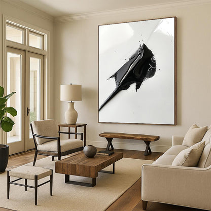 Contemporary abstract art featuring a black paint spread resembling a shark's fin on a white background capturing intricate details with a macro lens effect. DLZ1556