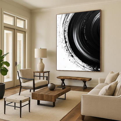 Black Concentric Brushstrokes on White - “Infinite Ink Vortex” Painting On Canvas HB217