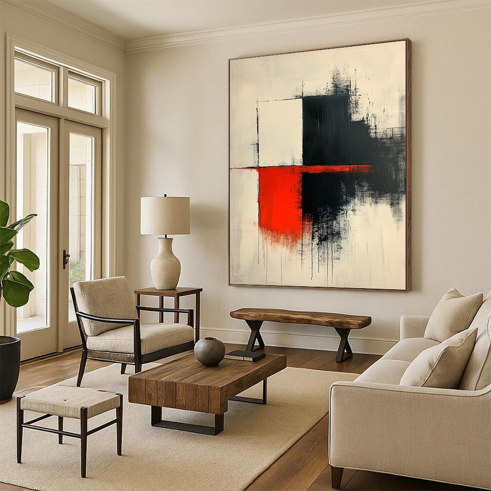 Contemporary hand-painted abstract art features thick dark gray brushstrokes with red accents on a white background showcasing elegant shapes and lines. DLZ1638