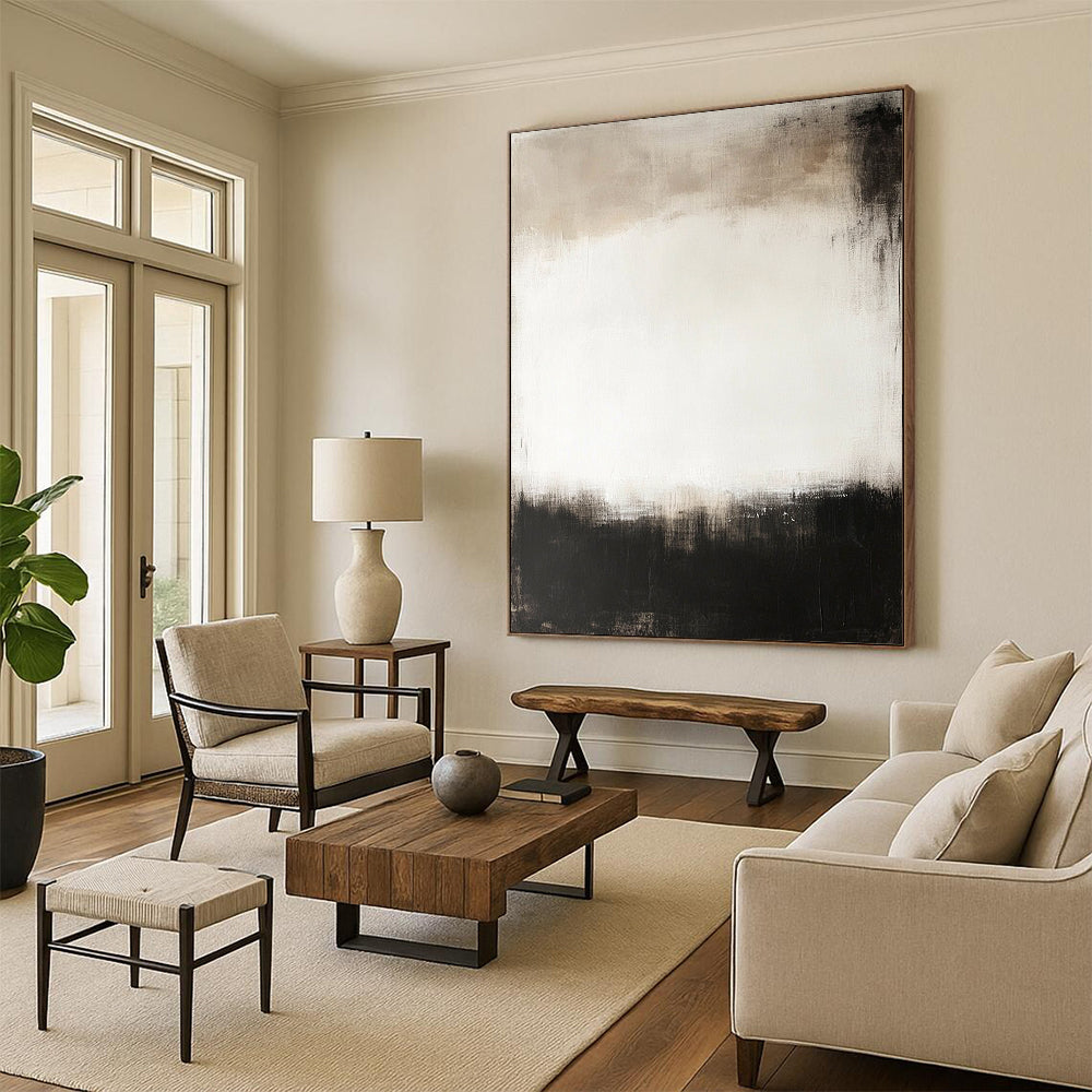 Contemporary abstract painting featuring a large central white space surrounded by dark gray and black tones creating a calm and mysterious atmosphere. DLZ0548