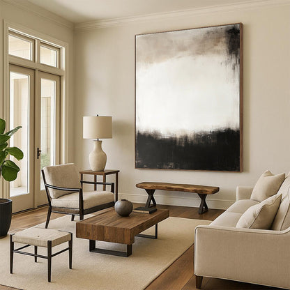Contemporary abstract painting featuring a large central white space surrounded by dark gray and black tones creating a calm and mysterious atmosphere. DLZ0548