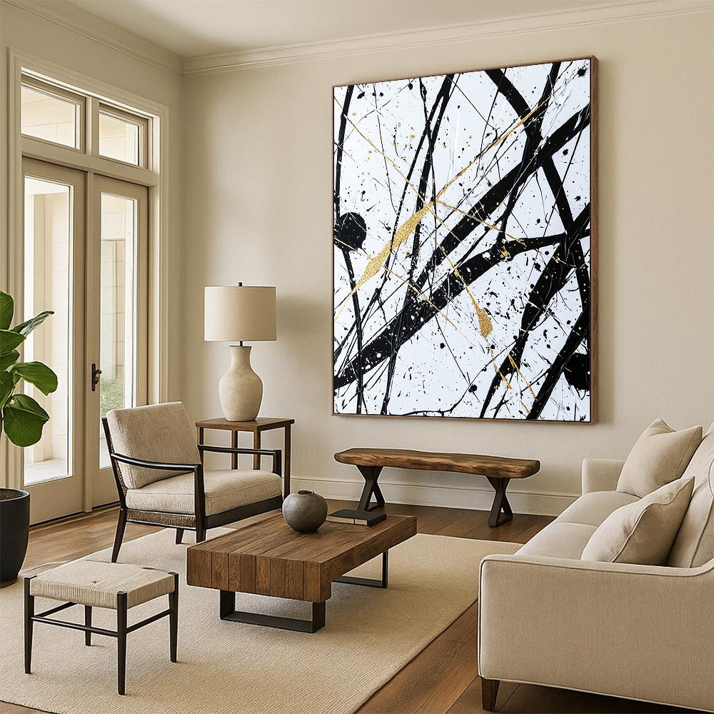 Black, White, Gold, Intertwined Lines "Gilded Chaos" Abstract Expressionist Painting On Canvas HB047