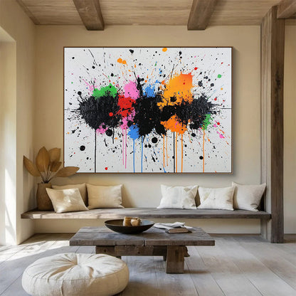 “Color Splash Carnival” - Black, rainbow splatters; Energetic paint splatters on white; Abstract Expressionist Acrylic Painting On Canvas HB1171