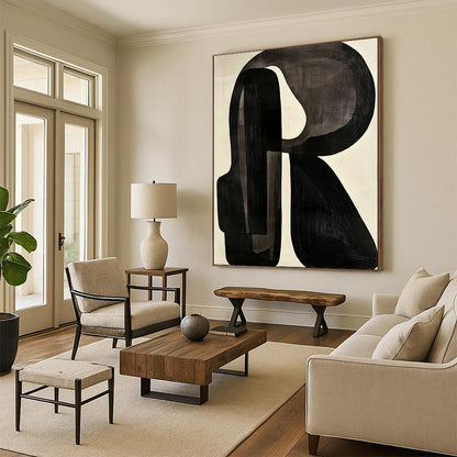 Contemporary abstract artwork featuring black and white shapes with a prominent letter R on a light gray background in the style of Jean Arp. DLZ0638