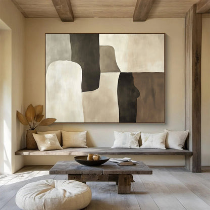 “Neutral Shapes Collage” - Gray, beige, white, brown, Minimalist Abstract Painting HB0618