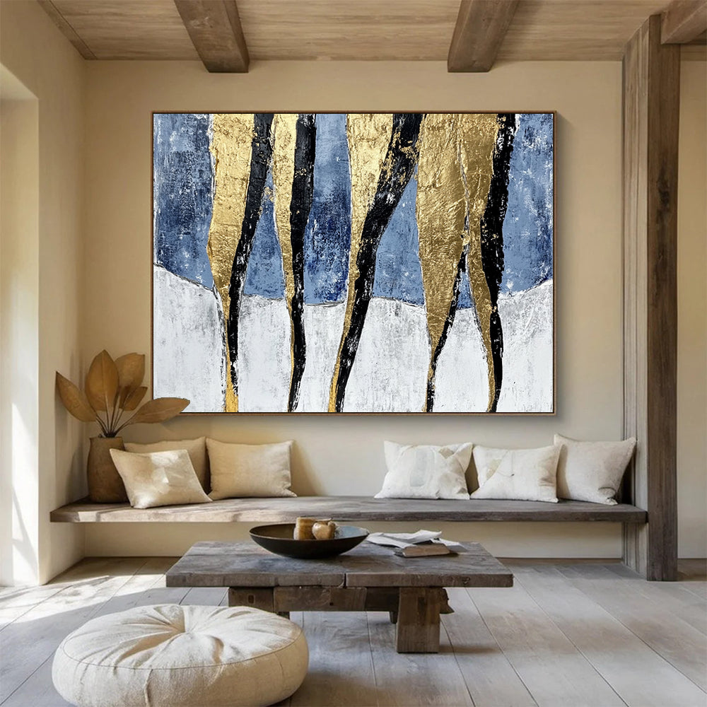 “Gold Black Stripes on Blue White” - Gold, Black, Blue, White, Striped Forms - Painting On Canvas HB1416