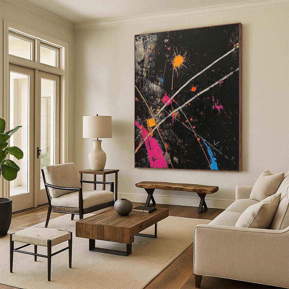 Black, Colorful Splashes, White Lines "Vibrant Chaos" Abstract Painting On Canvas HB021
