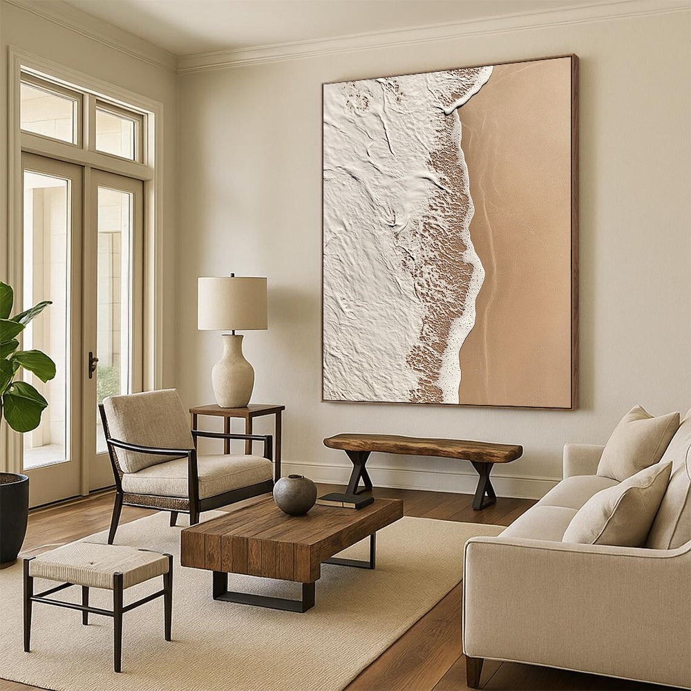 Contemporary abstract art showcasing intricate beige and white patterns blending with solid brown, evoking calmness and natural tranquility. DLZ1182