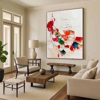Contemporary hand-painted abstract artwork featuring vibrant reds and greens on a textured white background inspired by Jean-Léon Gérôme. DLZ0574