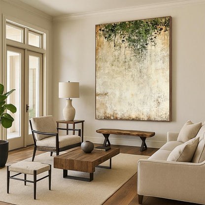 Contemporary hand-painted abstract backdrop features textured light beige and moss green with delicate dark flowers creating a unique artistic atmosphere. DLZ1722