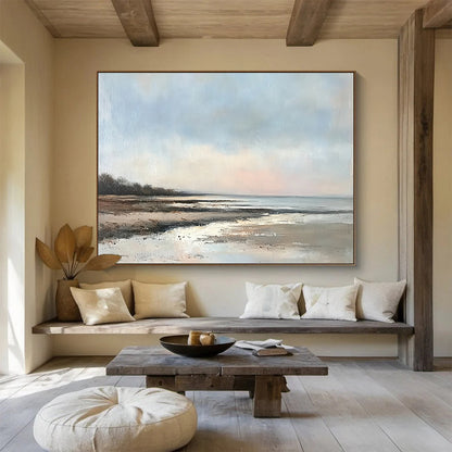 “Serene Coastal Shore” - Blues, Browns, Whites, Beach Scene - Realist Oil Painting HB1594