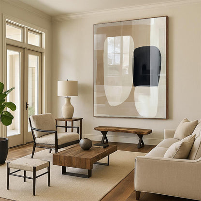 Contemporary abstract painting featuring large beige and white shapes with negative space and a central black form reflecting windows on a glass surface. DLZ1631