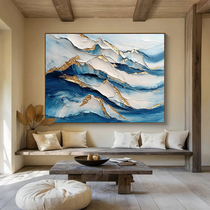 “Layered Wave Textures” - Blue, White, Gold, Layered Wave Textures Painting On Canvas HB0973