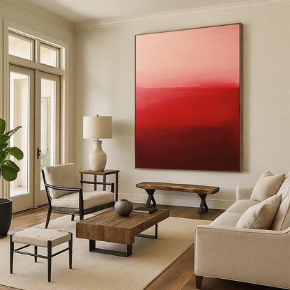 Contemporary hand-painted abstract artwork featuring vibrant red and pink gradients with evocative brushstrokes and minimalist design in negative space. DLZ1388