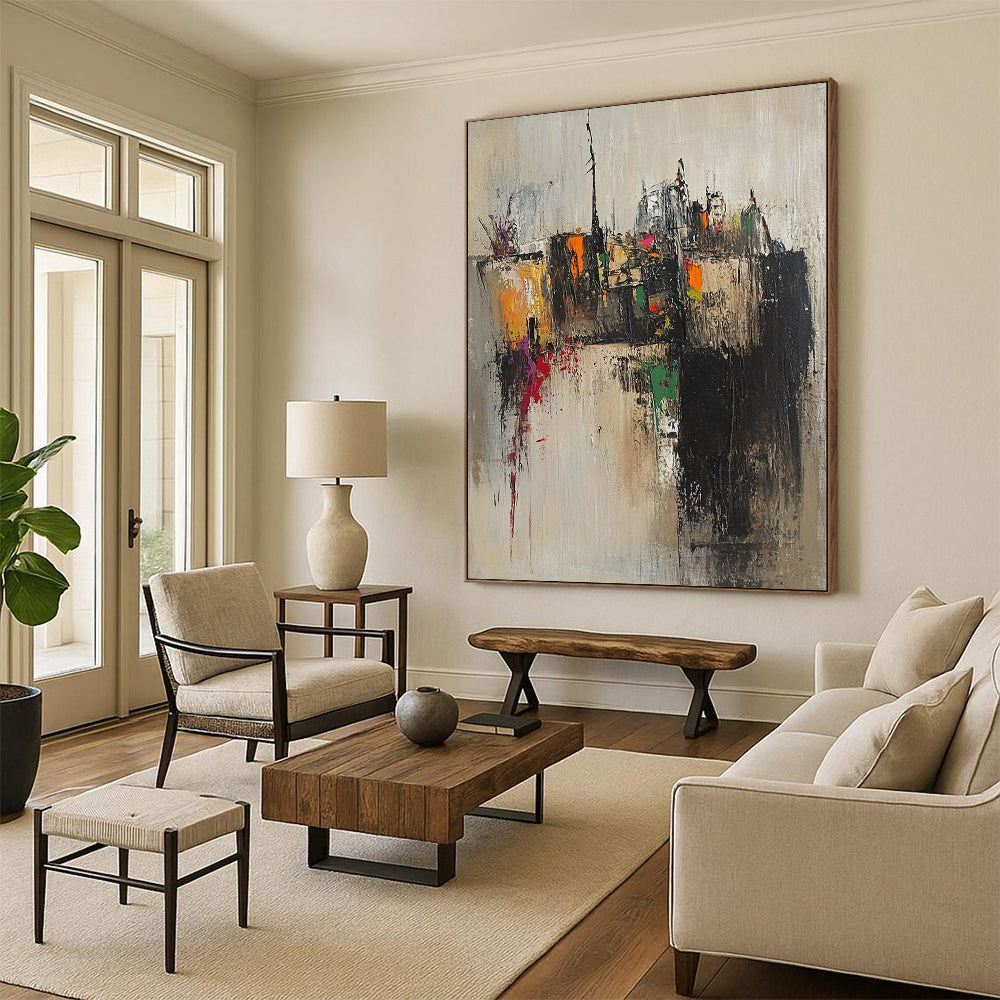 Contemporary abstract artwork featuring an old village with tight brushstrokes in muted earth tones accented by splashes of pink yellow green and orange. DLZ0959
