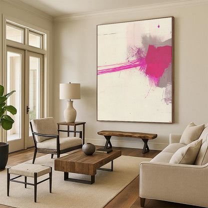 Contemporary hand-painted abstract art features minimalistic brushstrokes with pink and gray ink on textured white paper, highlighted by a thin magenta line. DLZ1519
