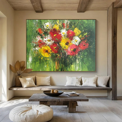 Impasto Flower Bouquet on Green - Vibrant Still - Life Oil Painting On Canvas HB0476