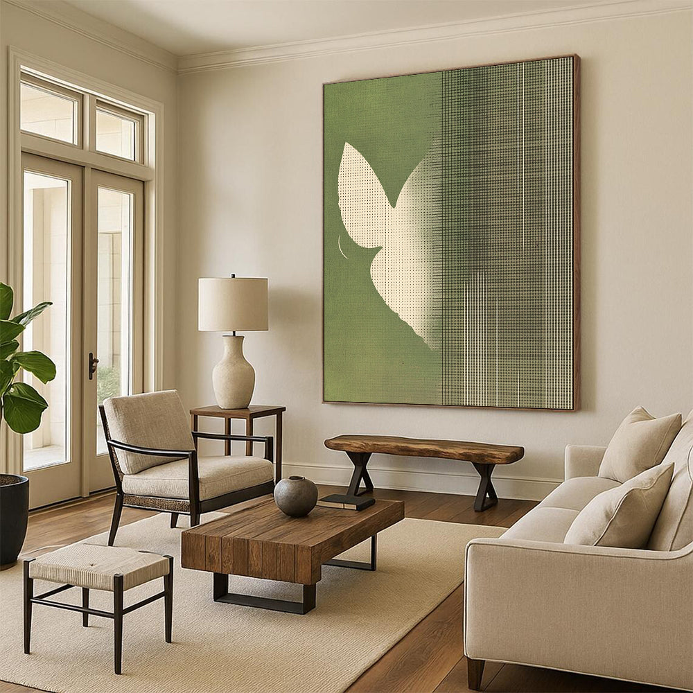 Contemporary abstract art featuring minimalist butterfly wings in white against a muted green striped background creating a serene and harmonious atmosphere. DLZ1641