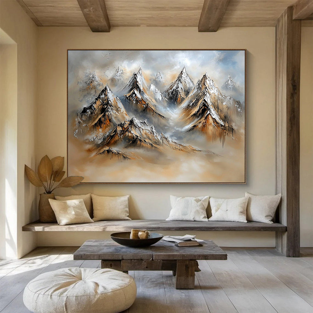 “Textured Mountain Landscape” - Snowy peaks, earthy tones, misty background, Textural Landscape Painting On Canvas HB0602
