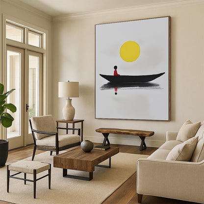Contemporary abstract art featuring a minimalist black boat on white paper with a yellow sun and a red figure reflecting in calm waters. DLZ1564
