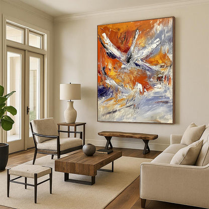 Contemporary abstract painting showcases vibrant orange and white hues with expressive brushstrokes and heavy impasto texture, evoking a captivating flight to space. DLZ0864