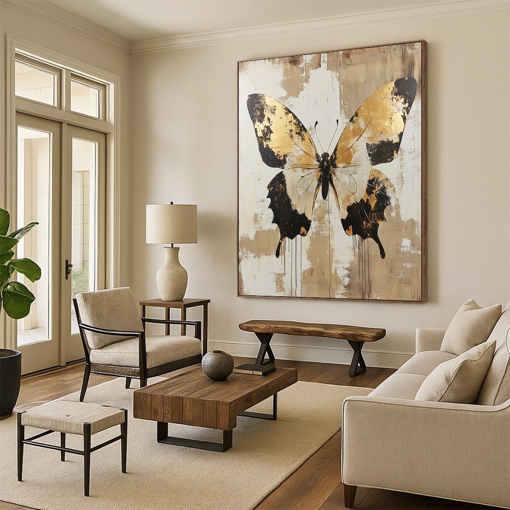 Large contemporary hand-painted abstract artwork featuring distressed butterfly design in gold and beige tones adding elegance to any space. DLZ1562