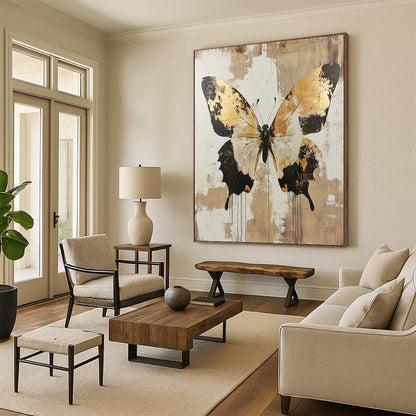 Large contemporary hand-painted abstract artwork featuring distressed butterfly design in gold and beige tones adding elegance to any space. DLZ1562