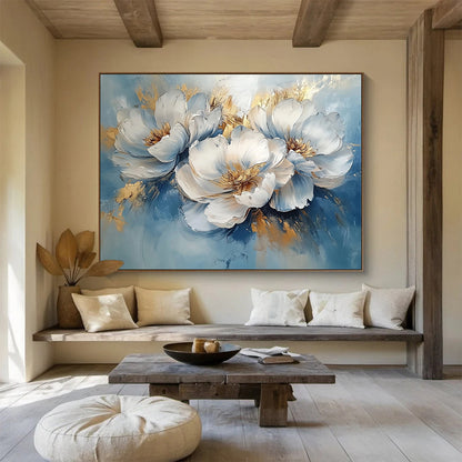 “Blue - Gold Peonies” - Blue, White, Gold with Peony Blooms - Impasto Oil Painting HB1346