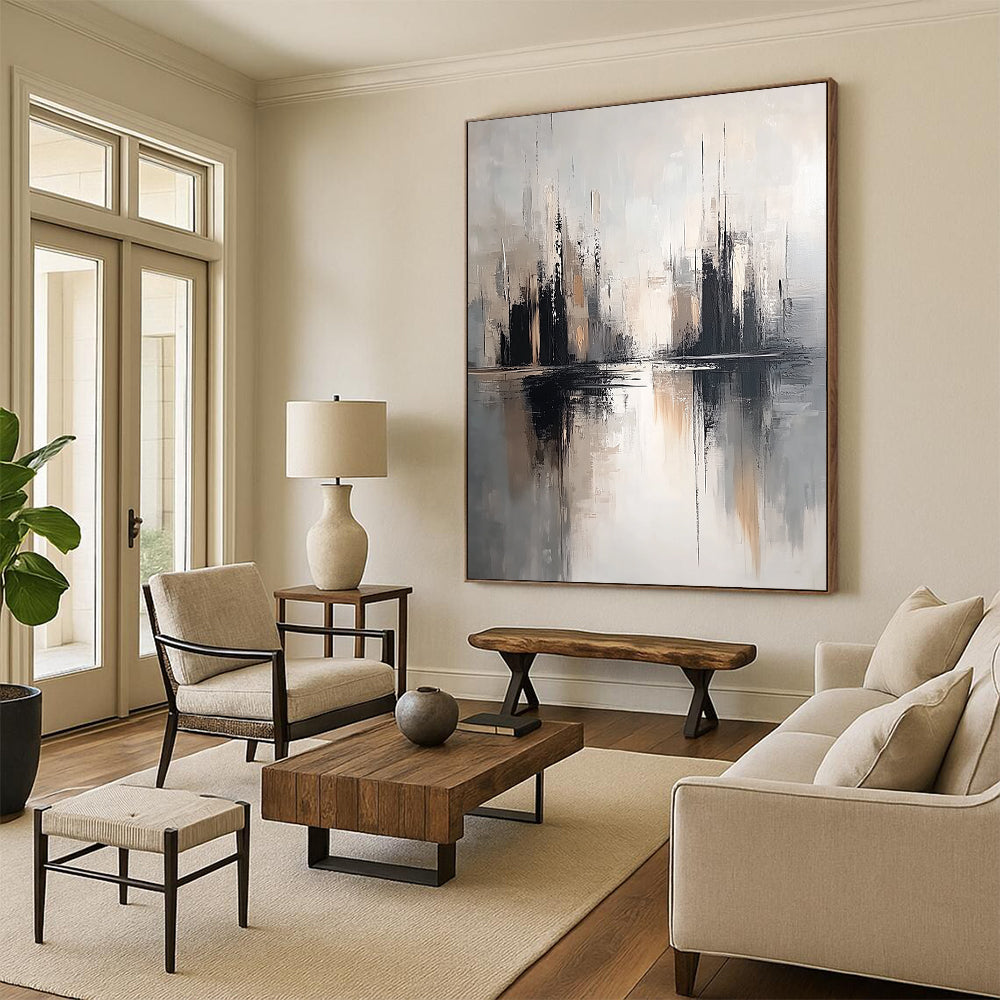 Contemporary hand-painted abstract artwork featuring soft gray tones and a neutral palette with detailed textures and minimalist design on a white background. DLZ0810