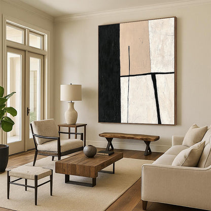 Contemporary hand-painted abstract work featuring minimalistic shapes in a balanced neutral palette of beige and black for an elegant modern aesthetic. DLZ0936