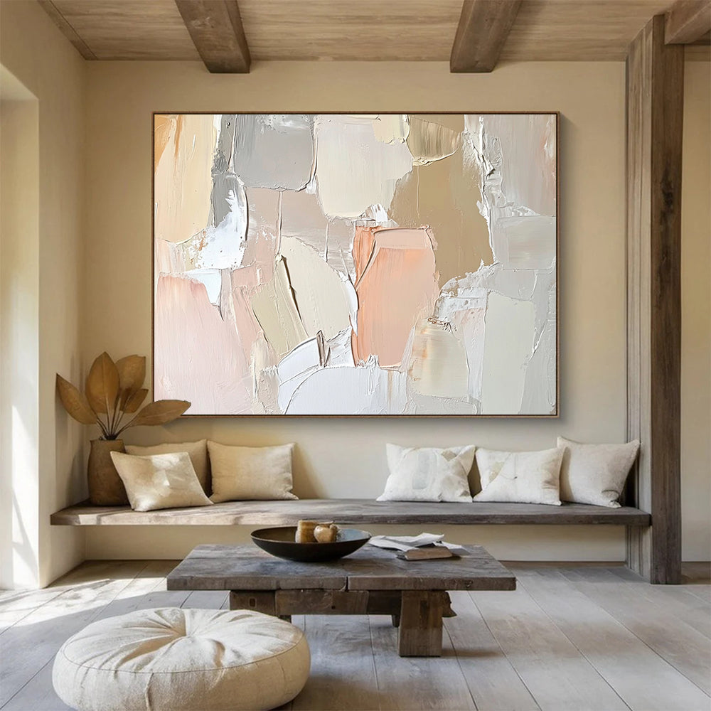 “Pastel Abstract Texture” - Beige, Pink, White, Soft Textured Painting On Canvas HB1013