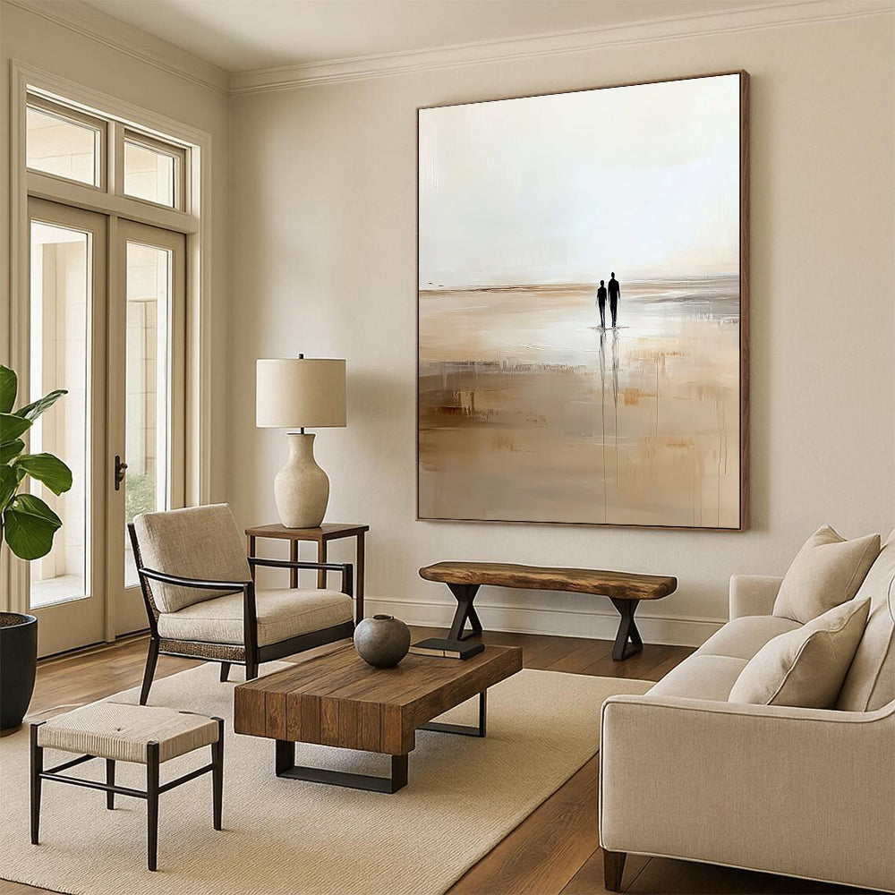 Contemporary abstract artwork depicting two figures strolling on the beach in soft beige and white hues creating a serene minimalist ambiance. DLZ0663