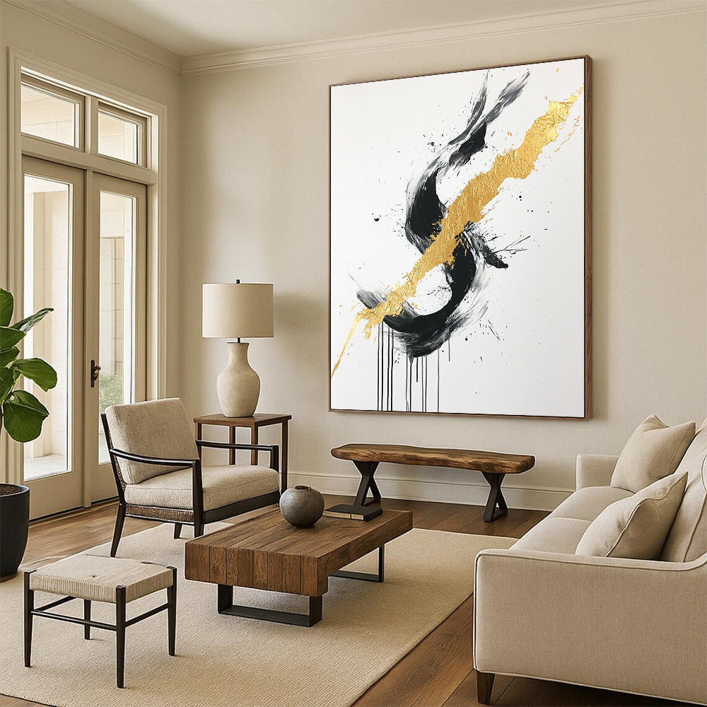 Black, White, Gold, Gray, Intertwined Strokes "Gilded Fusion" Abstract Expressionist Painting On Canvas HB099