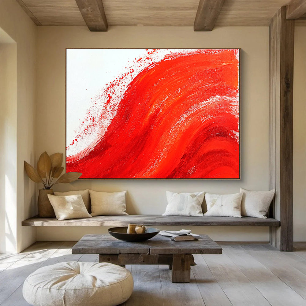 “Bold Red Wave” - Vibrant Red, White, Dynamic Brushstrokes - Abstract Acrylic Painting HB1730