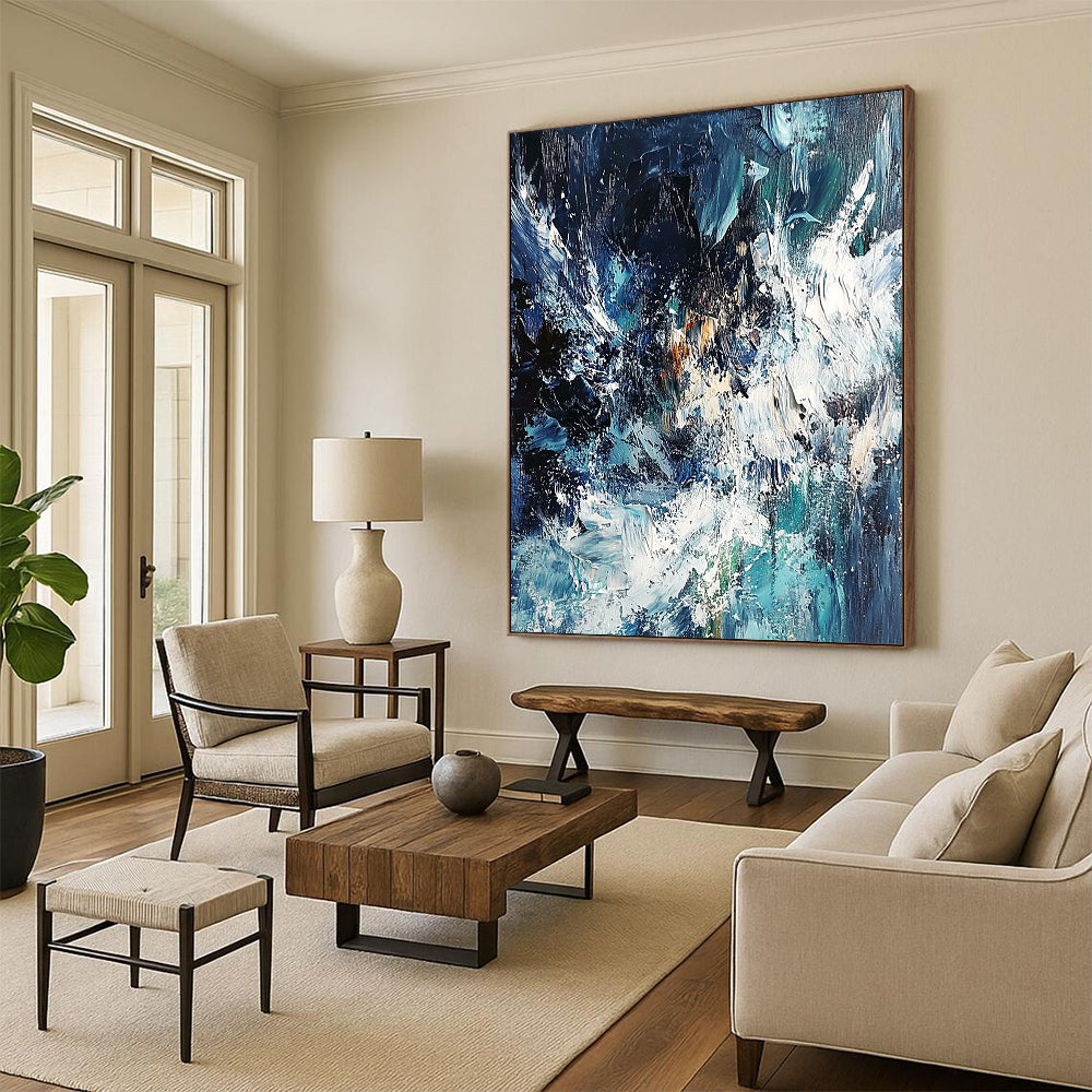 Contemporary abstract painting showcasing an ocean storm with dynamic blue and white waves using thick impasto strokes for dramatic texture and depth. DLZ0579
