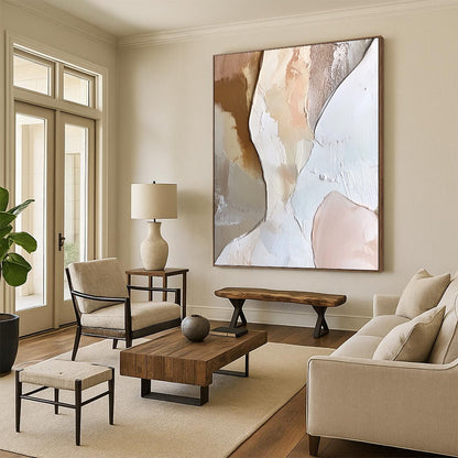 Contemporary abstract painting featuring a textured angelic figure in layered white and soft pink hues with neutral tones. Perfect for modern decor. DLZ1056