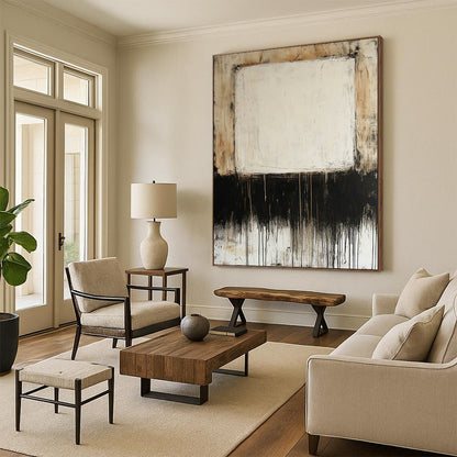 Contemporary large hand-painted abstract artwork featuring mixed media on canvas with thin oil paint lines and a prominent central white square. DLZ0685