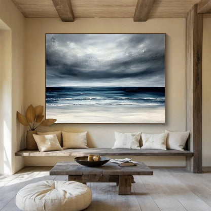 Gray, Blue, White and Beige Dramatic Seaside "Stormy Horizon" Painting On Canvas HB0675