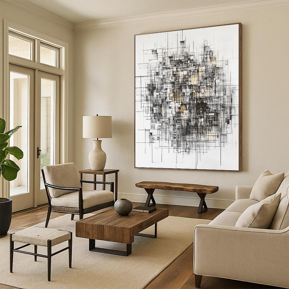 Black, White, Gray, Gold, Intersecting Lines "Gilded Urban Web" Abstract Expressionist Painting On Canvas HB124