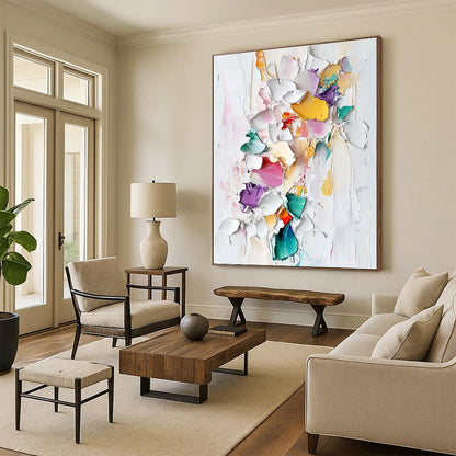 Contemporary abstract painting featuring colorful porcelain pieces and thick brush strokes on a textured white background in a pastel palette. DLZ0834