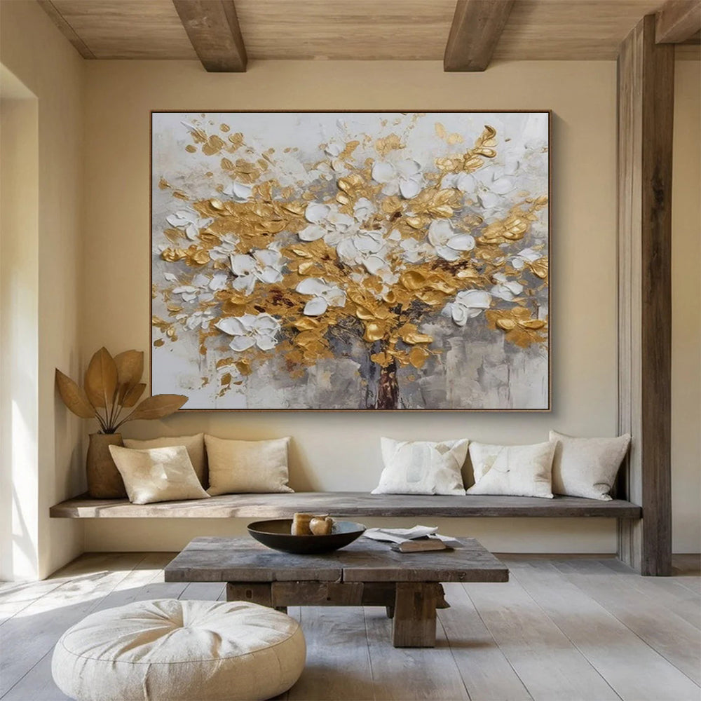 Gold & White Flower Tree - Elegant Living Room or Bedroom Art DLZ246