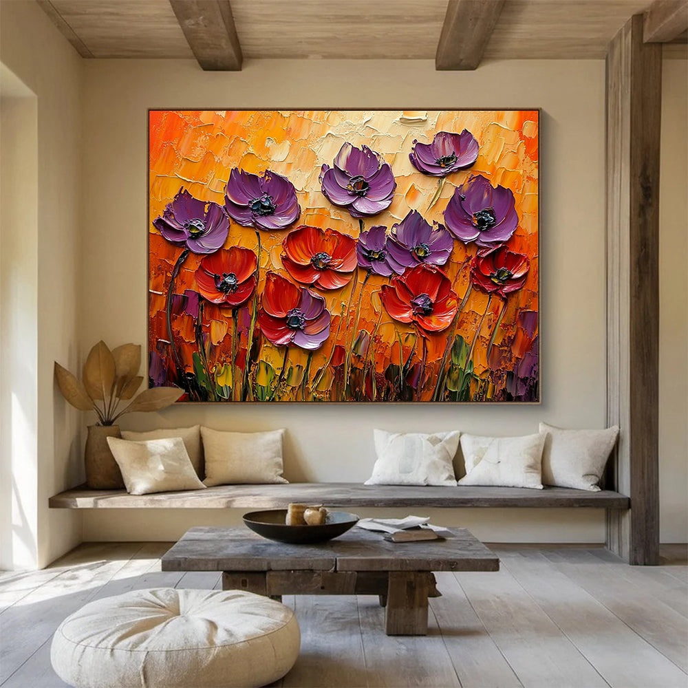 “3D Purple - Red Poppies” - Sculptural purple and red poppies on an orange backdrop, Impasto Floral Painting On Canvas HB0543