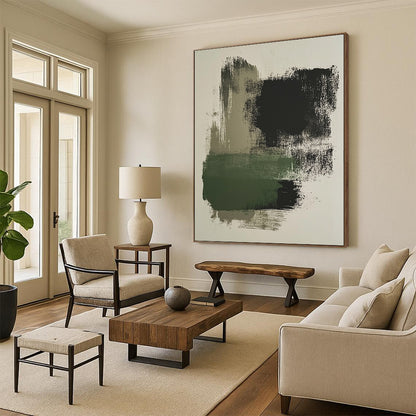 Contemporary brush stroke artwork featuring moss green and black on a beige background, perfect for modern decor enthusiasts. DLZ1454